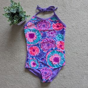 Girl's Floral Tie Dye One Piece Bathing Suit With Skirt Cover Up Size XS(4/5)